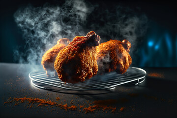 crispy breaded chicken drumsticks on a grill with smoke and fire background
