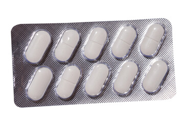 Oval white pills in a gray blister pack on a white background