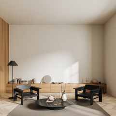 Light chill interior with seats and drawer with decoration. Mockup empty wall