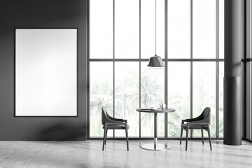 Front view on dark cafe interior with empty white poster