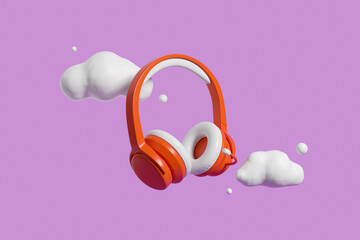 Red headphones and clouds on violet background