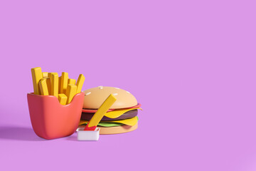 French fries in red pack and burger on empty copy space purple background