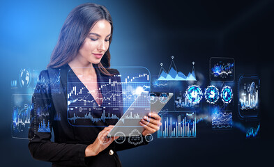 Businesswoman working with tablet in hand, big business data analysis