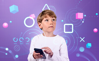Kid boy working with smartphone, metaverse data and statistics