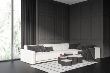 Grey relaxing room interior with couch and coffee table, panoramic window