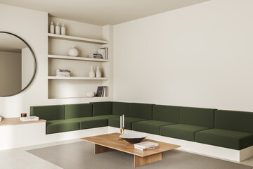 Modern living room interior with couch and shelf. Mockup wall