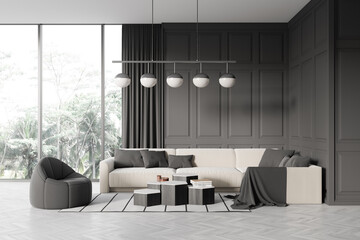 Grey living room interior with couch and coffee table, panoramic window
