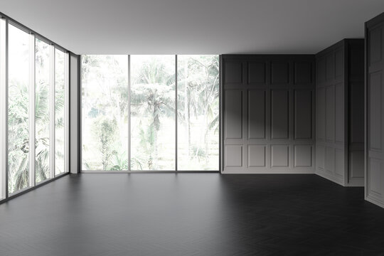 Grey empty living room interior, panoramic window on tropics