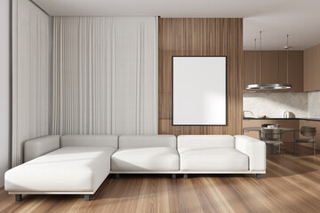 Front view on bright studio interior with empty white poster