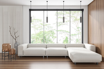 Light relaxing room interior with couch and decor, panoramic window