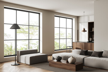 Fototapeta na wymiar Light studio interior with chill and cooking area, panoramic window