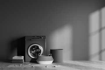 Dark laundry room interior with empty grey wall, washing machine