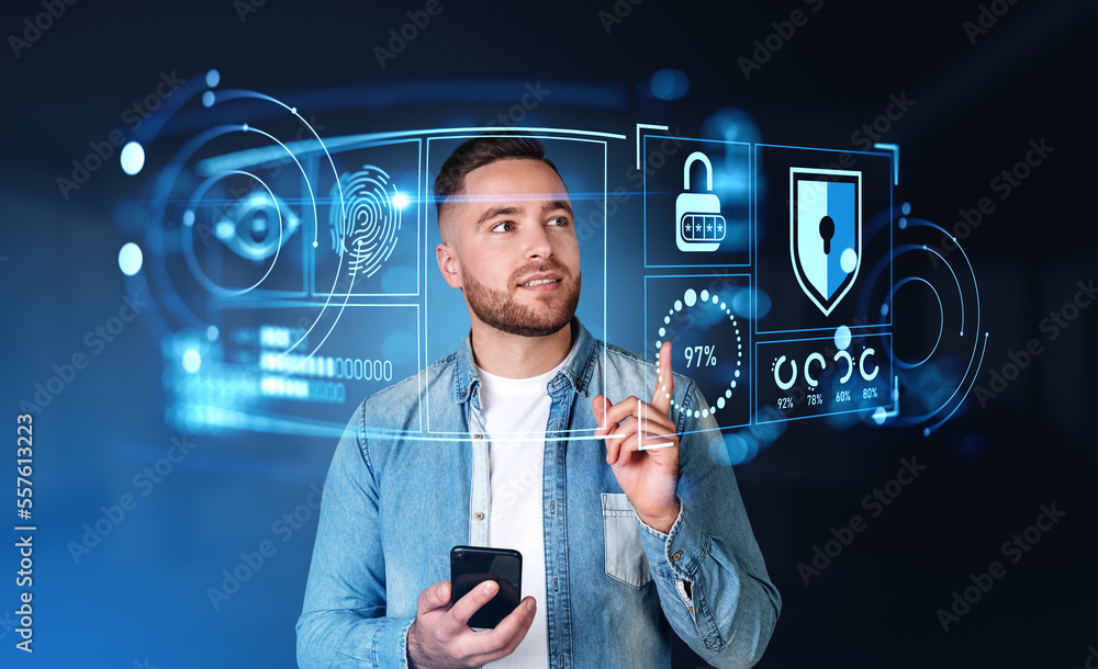 Poster man finger point up with smartphone in hands, face recognition and security hud