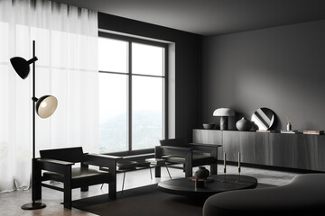 Stylish relaxing room interior with armchairs and decoration. Mockup empty wall