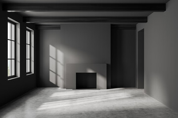Grey empty studio apartment and fireplace, panoramic window