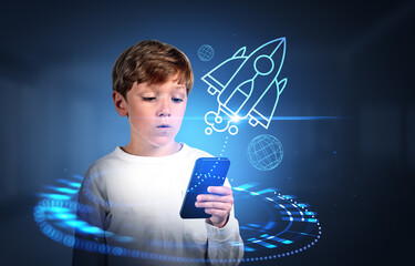 Pensive boy with phone and rocket hologram hud taking off