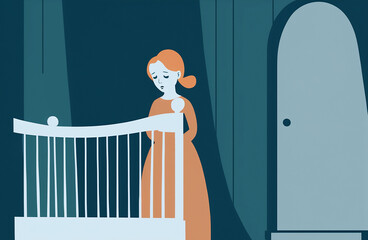 Postpartum depression / miscarriage minimalist illustration, sad woman next to a baby crib - obrazy, fototapety, plakaty