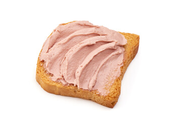 Sandwich with homemade chicken liver pate, isolated on white background.