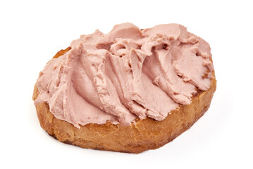 Sandwich with homemade chicken liver pate, isolated on white background.