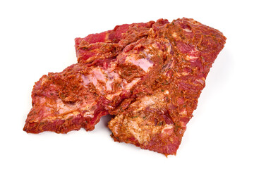 Spicy marinated ribs, BBQ, meat for grill, isolated on white background.