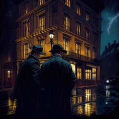 Two men in rainy city - 557613811