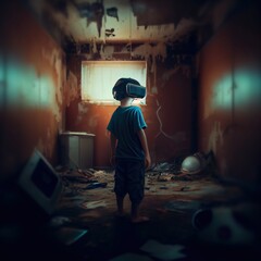 Kid playing VR in abandoned place - 557613848