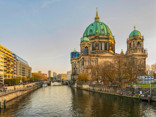 Fototapeta na wymiar Berlin Cathedral on Spree river during sunset, Germany
