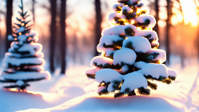 Photo of christmas trees covered in snow, soft bokeh, golden hour, warm sunlight