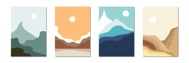 Trendy minimalist abstract landscape vector illustrations. Set of contemporary artistic posters. Minimalist vector