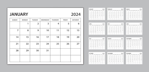 Monthly calendar template for 2024 year, planner 2024 template, Week Starts on sunday, wall calendar 2024 year, planner minimal design, Set of 12 Months, desk calendar design, organizer stationery