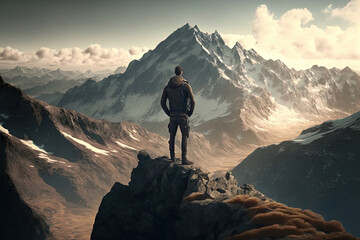 A man stands on top of a hill and looks into the distance. Generative AI.