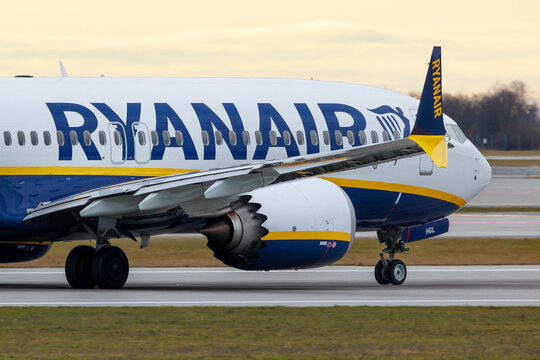 PRAGUE - December 29, 2022: Ryanair Boeing 737 MAX 8-200 REG EI-HGL at Vaclav Havel Airport Prague. From Prague to Milan.Ryanair Ltd. is an Irish low-cost airline.
