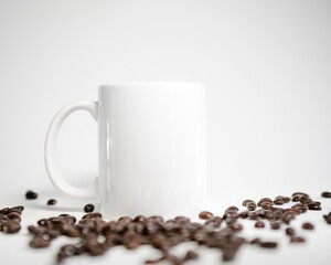 11oz White Coffee Mug Mockup Handle Left with Coffee Beans