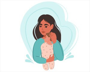 Young happy woman holding a baby in her arms. Motherhood. Flat vector illustration