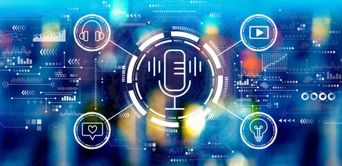 Podcast theme with big city lights at night