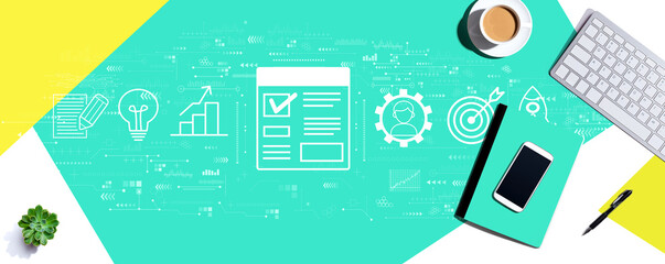 Project management theme with a computer keyboard and office items