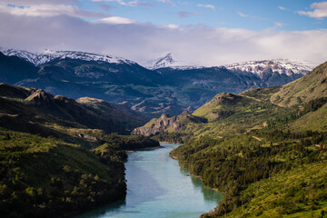 Naklejka na ściany i meble River and mountain, landscape of Chilean Patagonia