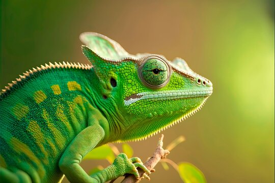 Close-up face of a green chameleon. 