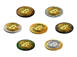 3D Illustration of Multiple Styles of Bitcoins, Digital Currency,  Future Virtual Money.