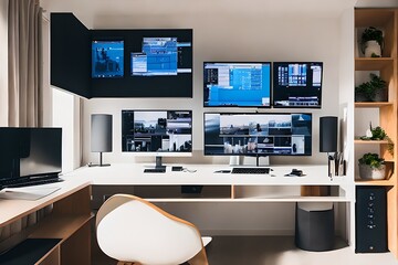 Cozy, Modern home office workplace with computer and desk, wooden floor, natural light, and rug with a big window view of the city
