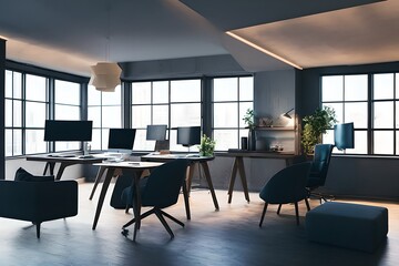 Cozy, Modern home office workplace with computer and desk, wooden floor, natural light, and rug with a big window view of the city
