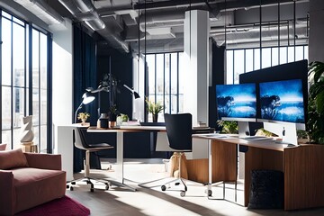 Cozy, Modern home office workplace with computer and desk, wooden floor, natural light, and rug with a big window view of the city
