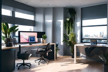 Cozy, Modern home office workplace with computer and desk, wooden floor, natural light, and rug with a big window view of the city

