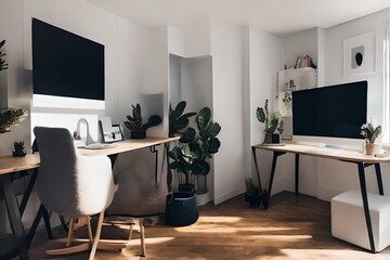 Cozy, Modern home office workplace with computer and desk, wooden floor, natural light, and rug with a big window view of the city
