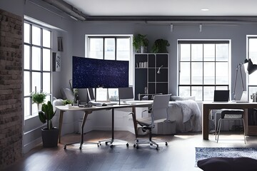 Cozy, Modern home office workplace with computer and desk, wooden floor, natural light, and rug with a big window view of the city