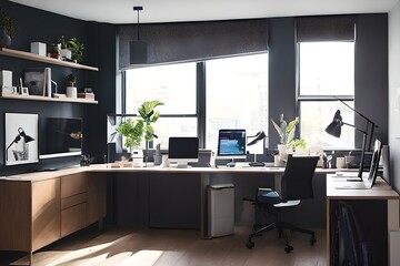 Cozy, Modern home office workplace with computer and desk, wooden floor, natural light, and rug with a big window view of the city