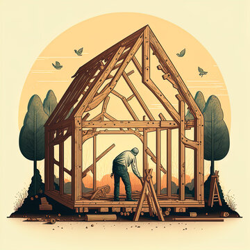 A Strong Carpenter Building A Frame Of A Wooden Framed Home Illustration, Showing The Dedication Of His Craft. 