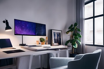 Cozy, Modern home office workplace with computer and desk, wooden floor, natural light, and rug with a big window view of the city