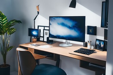 Cozy, Modern home office workplace with computer and desk, wooden floor, natural light, and rug with a big window view of the city