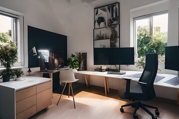 Cozy, Modern home office workplace with computer and desk, wooden floor, natural light, and rug with a big window view of the city